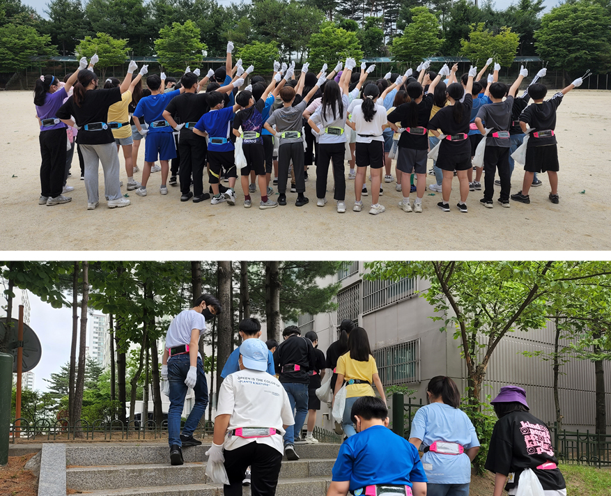  ‘플로깅 온 더 블록’ 프로젝트 활동으로 환경보호를 실천하고 있는 대전원앙초등학교 6학년 학생들.