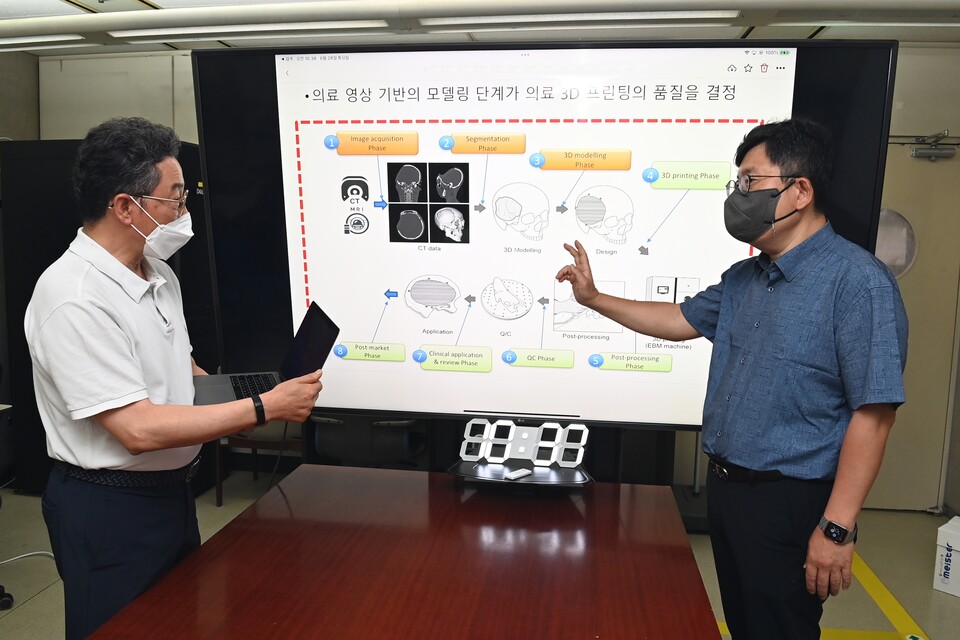 ETRI 이병남 전문위원(좌)과 전종흥 책임연구원(우)이 의료 3D 프린팅 표준 프로세스에 대해 논의하는 모습 .