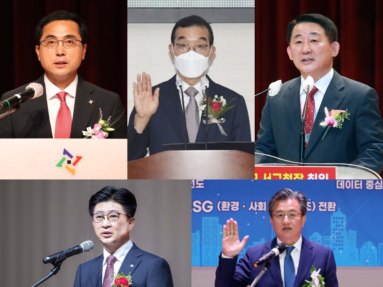 대전 5개 자치구청장이 1일 취임했다. 사진은 취임식 모습. 왼쪽부터 시계방향으로 박희조 동구청장, 김광신 중구청장, 서철모 서구청장, 정용래 유성구청장, 최충규 대덕구청장. 각 구 제공.