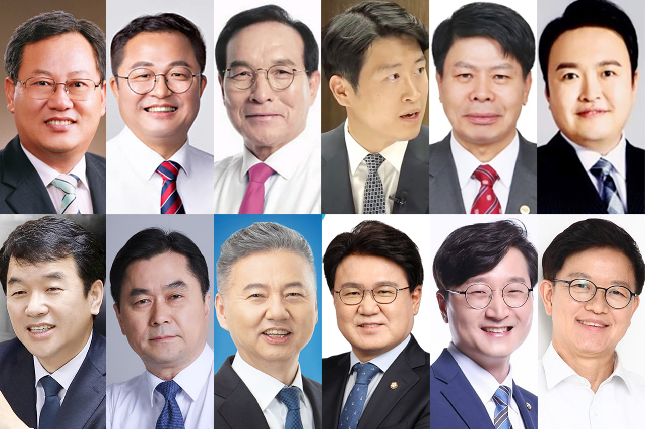 사진 윗줄부터 시계방향으로 국민의힘 대전 이은권·조수연 당협위원장, 세종 김중로 시당위원장, 류제화 전 세종시장직 인수위 대변인, 이성용 시당 부위원장, 최석 전 시당 대변인, 충남 이정만 천안을 당협위원장, 민주당 대전 장철민·황운하 의원, 세종 홍성국 의원, 충남 문진석·김종민 의원.