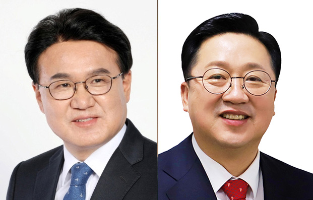 황운하 더불어민주당 국회의원(왼쪽)이 이장우 대전시장(오른쪽)의 온통대전 축소폐지 방침에 대한 철회를 요구했다. 자료사진.