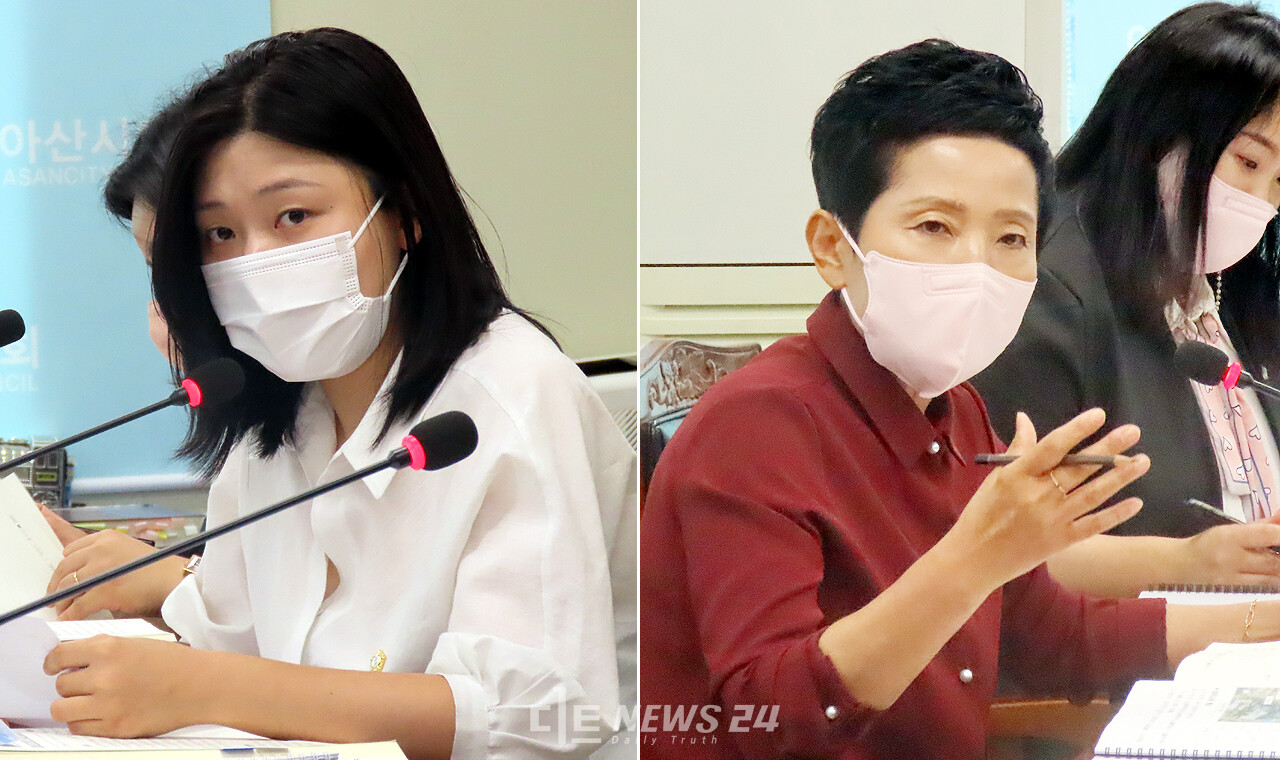 사회복지 빅데이터 구축과 관련해 발언을 하고 있는 아산시의회 복지환경위원회 김미성 의원(왼쪽)과 이기애 의원. 안성원 기자.