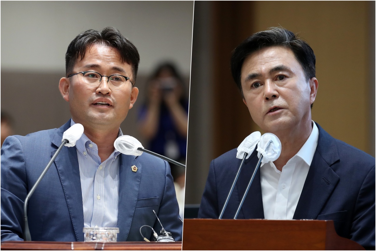 안장헌 충남도의회 의원(더불어민주당·아산5)과 김태흠 충남지사가 도 산하 공공기관 경영평가를 두고 설전을 벌였다. 충남도의회 제공 재편집.