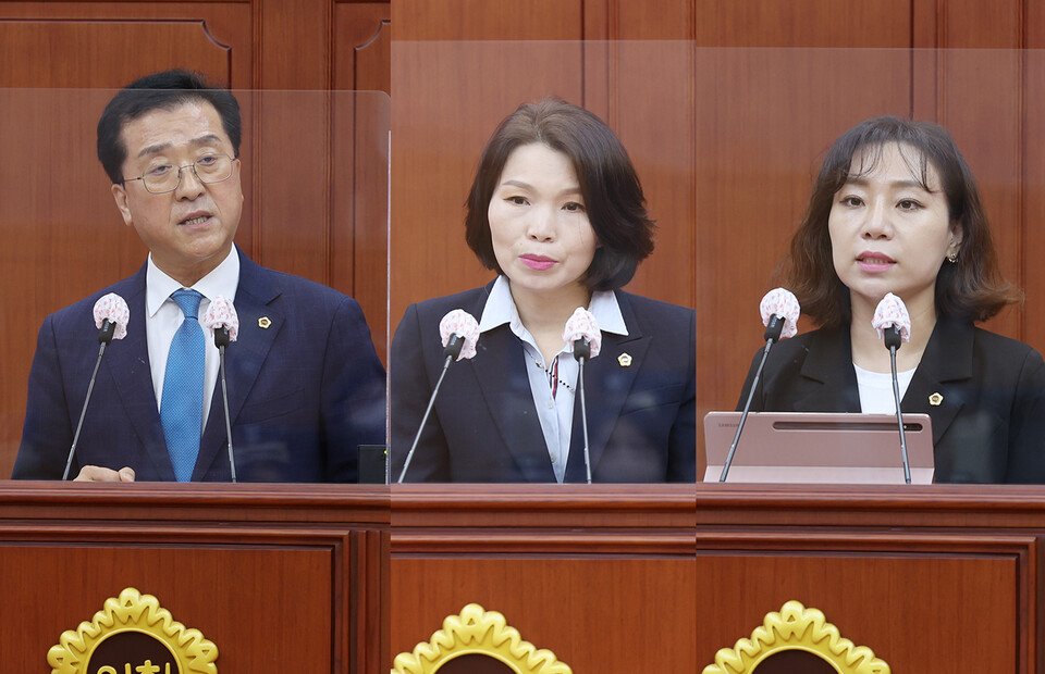 5분 자유발언을 통해 이장우 대전시장 시정운영을 비판하고 있는 조원휘, 이금선, 김민숙 대전시의원(왼쪽부터) . 대전시의회 제공. 