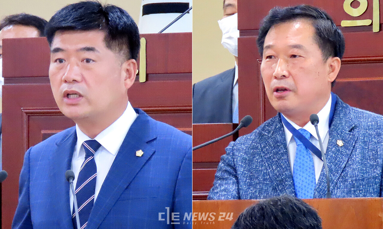 맹의석 아산시의원(왼쪽)과 천철호 의원이 27일 시의회 임시회에서 5분 발언을 통해 아산시정에 잇따라 쓴소리를 냈다. 
