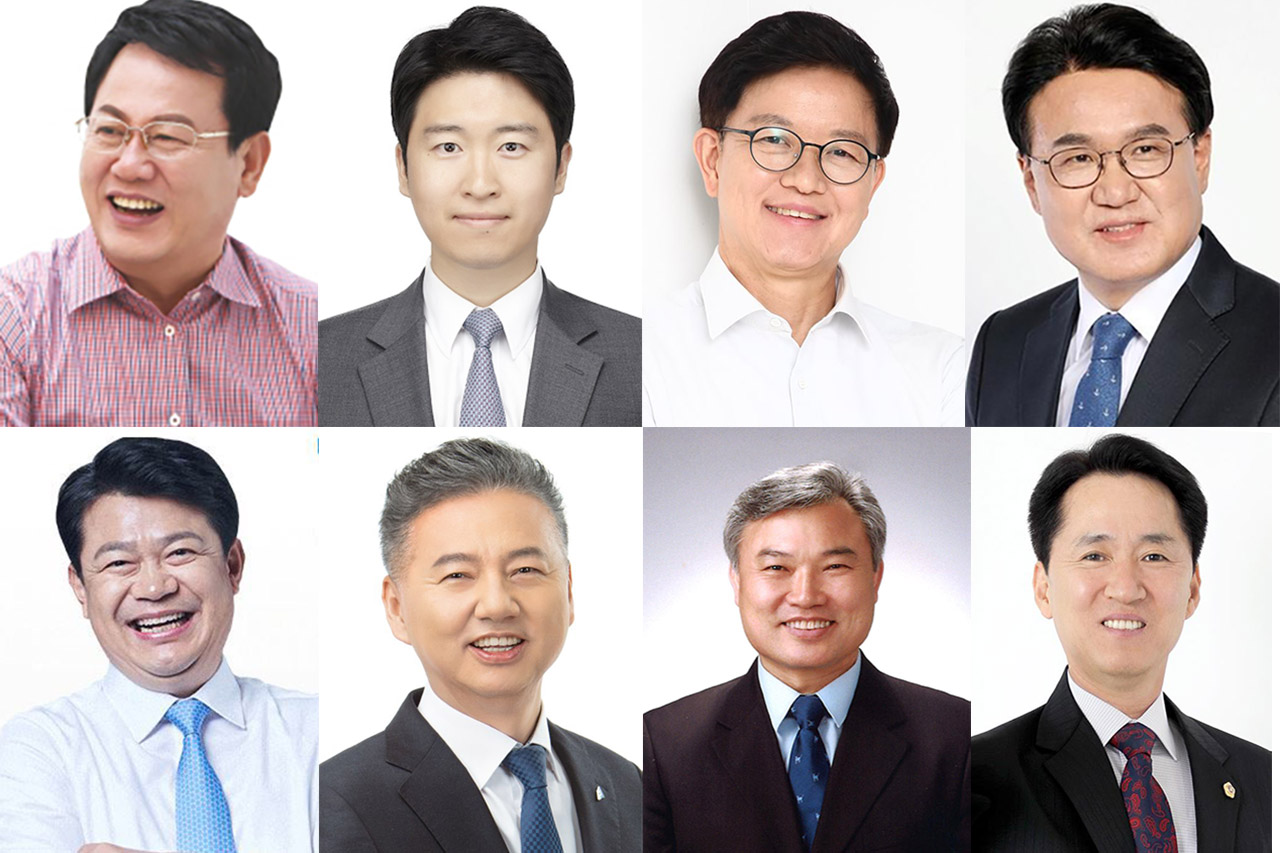 사진 윗줄부터 시계방향으로 국민의힘 이은권 대전시당 위원장, 류제화 세종시당 위원장, 이정만 충남도당위원장, 더불어민주당 황운하 의원, 권중순 전 대전시의회 의장, 정기현 전 대전시의원, 홍성국 의원, 복기왕 아산갑 지역위원장.