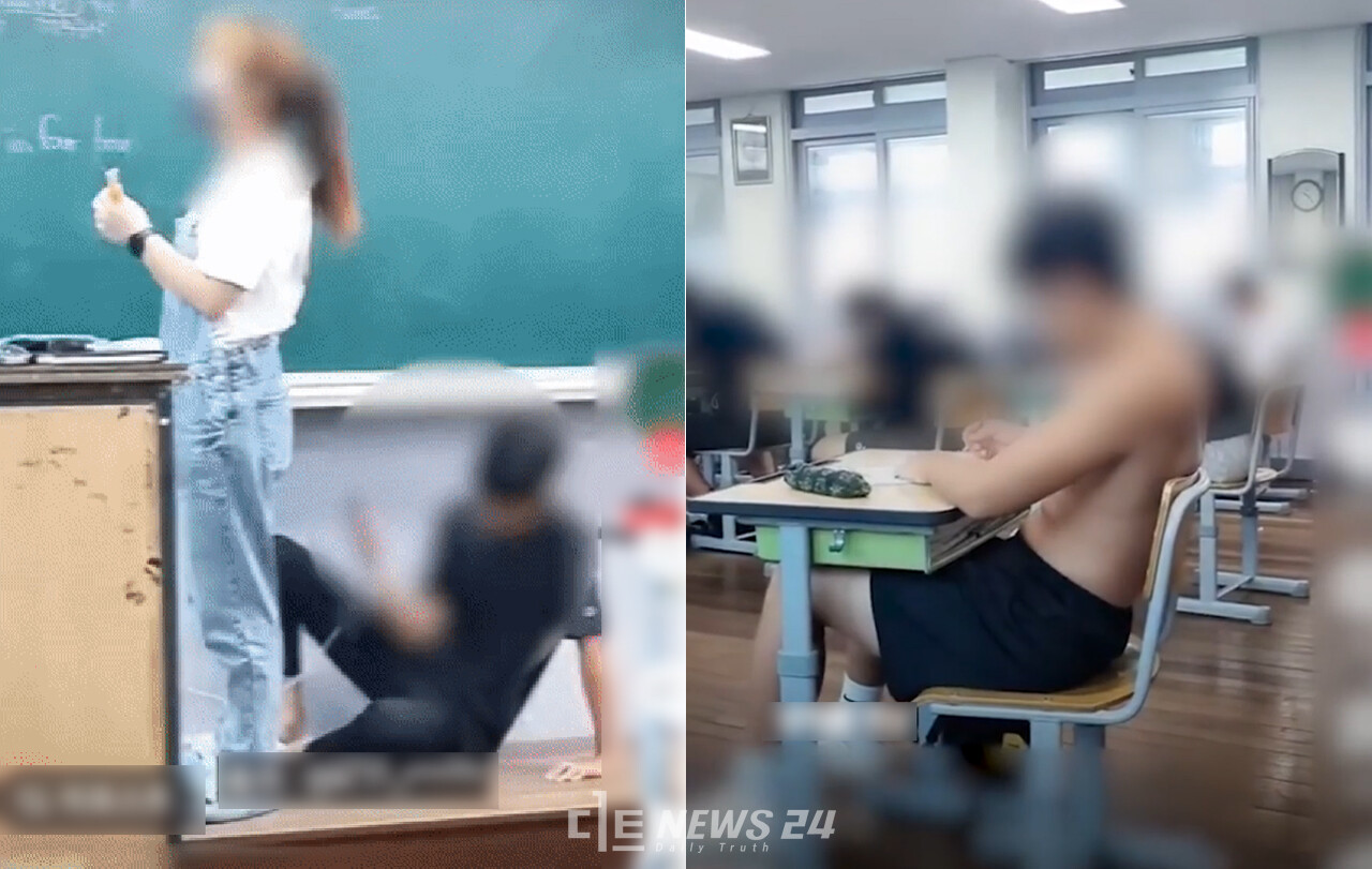 충남 홍성의 한 중학교에서 남학생이 교단 위에 누워 수업 중인 교사를 뒤에서 촬영하는 듯한 모습(왼쪽)과 웃통을 벗고 수업을 듣는 모습이 담긴 영상이 온라인 상에 확산하며 논란이 일고 있다. 틱톡 영상 갈무리. 