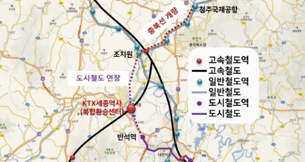 지난 2019년 4월 아주대 산학협력팀에 의해 제시된 대전~세종 광역철도 노선안. 