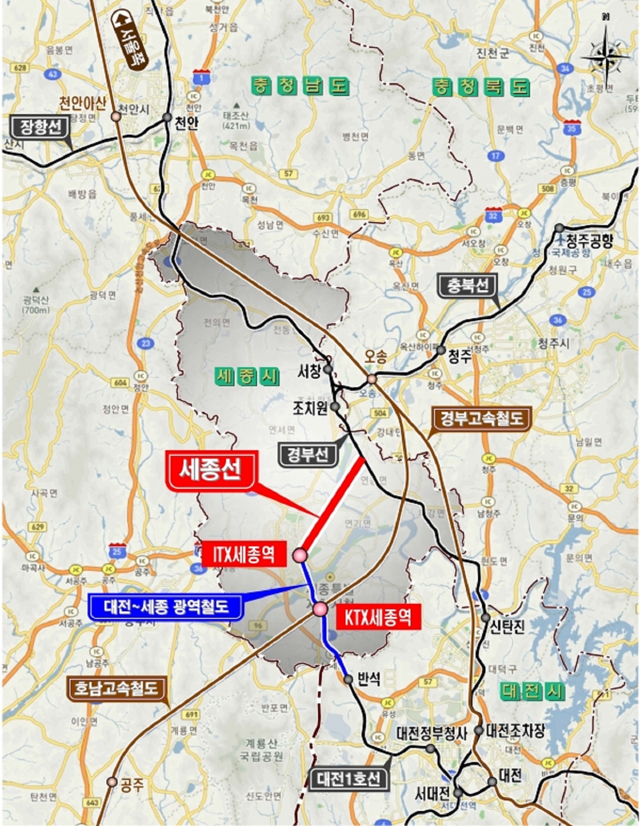 2020년 7월 아주대 용역팀에 의해 제시된 KTX 세종역 노선도. 금남면 발산리 지점에서 '대전~세종~충북' 광역철도 노선과 만난다. 자료사진. 