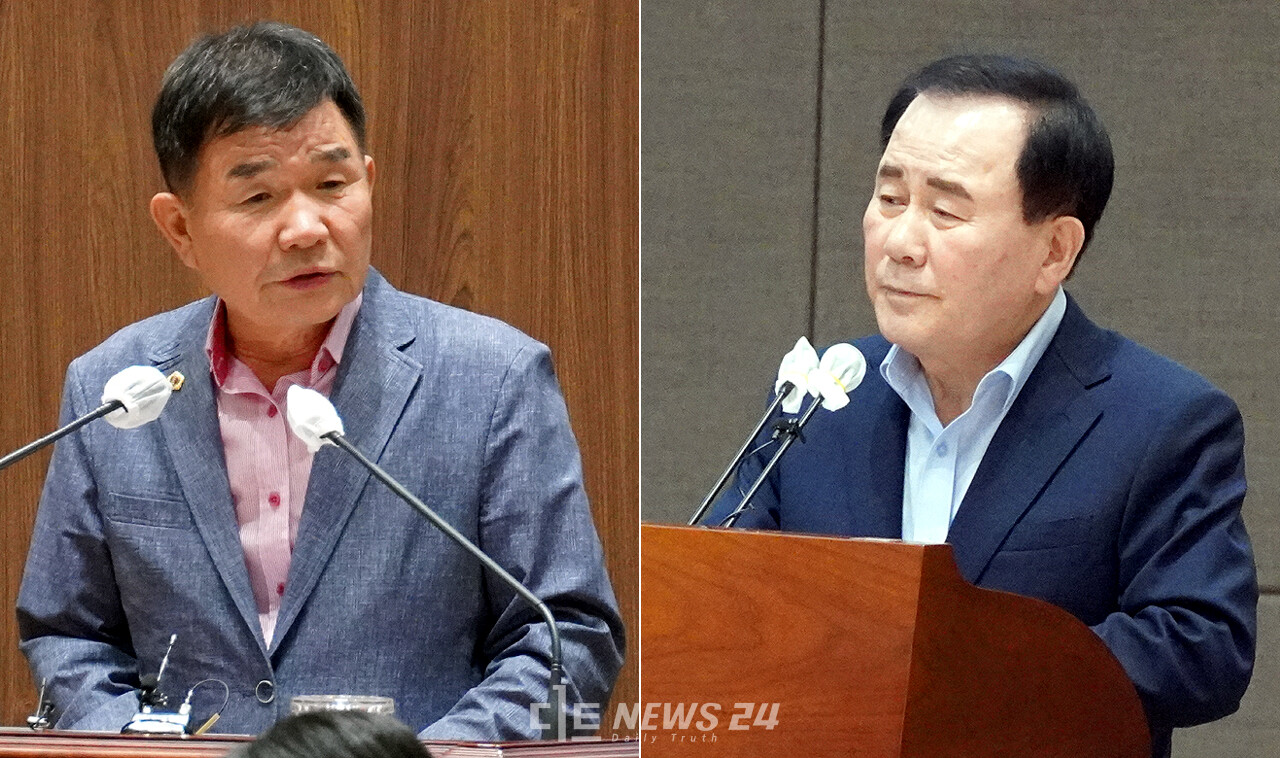 15일 충남도의회 340회 임시회 1차 본회의 긴급현안질문에서 엄정한 교권침해 대책을 촉구하고 있는 정광섭 의원(왼쪽)과 답변하고 있는 김지철 교육감. 안성원 기자.