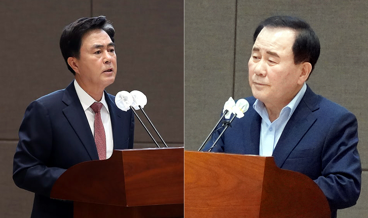 김 의원의 질문에 답변에 나선 김태흠 도지사(왼쪽)와 김지철 교육감. 자료사진. 