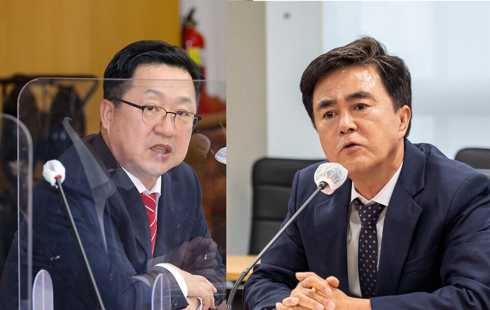 지난 4일 간부공무원과 회의에서 질책성 발언을 하고 있는 이장우 대전시장(왼쪽)과 김태흠 충남지사. 자료사진. 