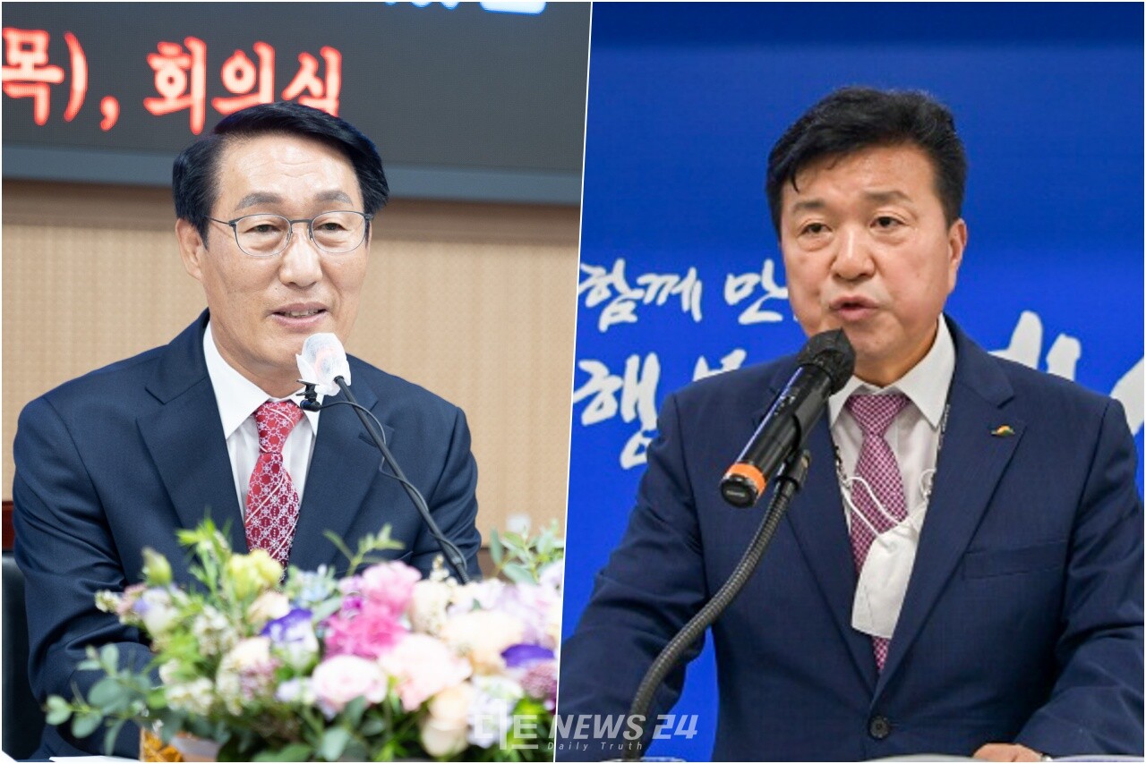 이용록 홍성군수(왼쪽)와 최재구 예산군수가 6일 ‘취임 100일 기자회견을 통해 두 지역의 상생협력 의지를 내비쳐 관심이 모아지고 있다. 자료사진.