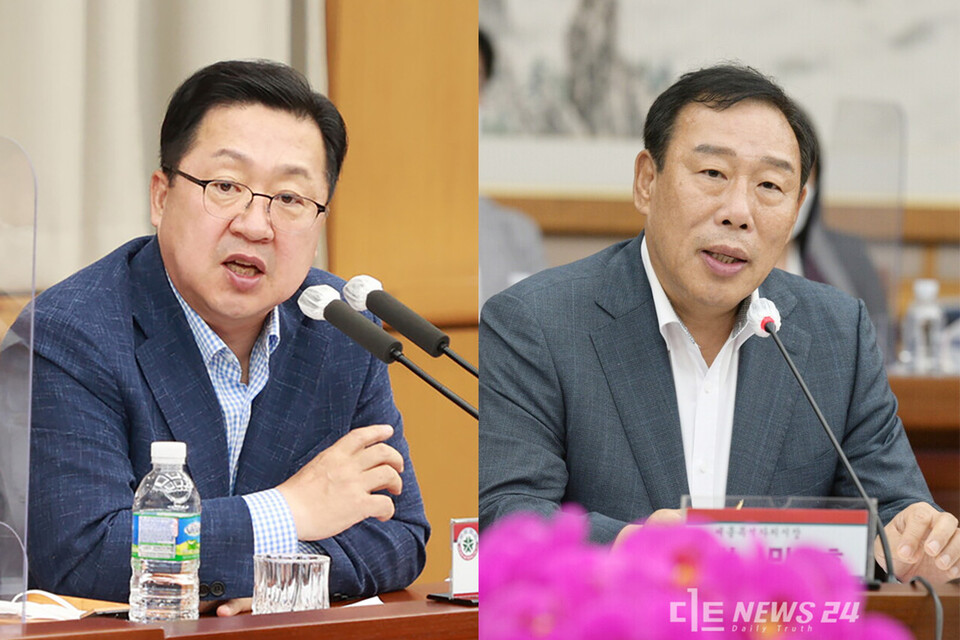 이장우 대전시장(왼쪽)과 최민호 세종시장(오른쪽). 두 단체장은 오는 20일 취임 후 처음으로 국회 국정감사 피감기관 기관장으로 발언대에 선다. 자료사진. 