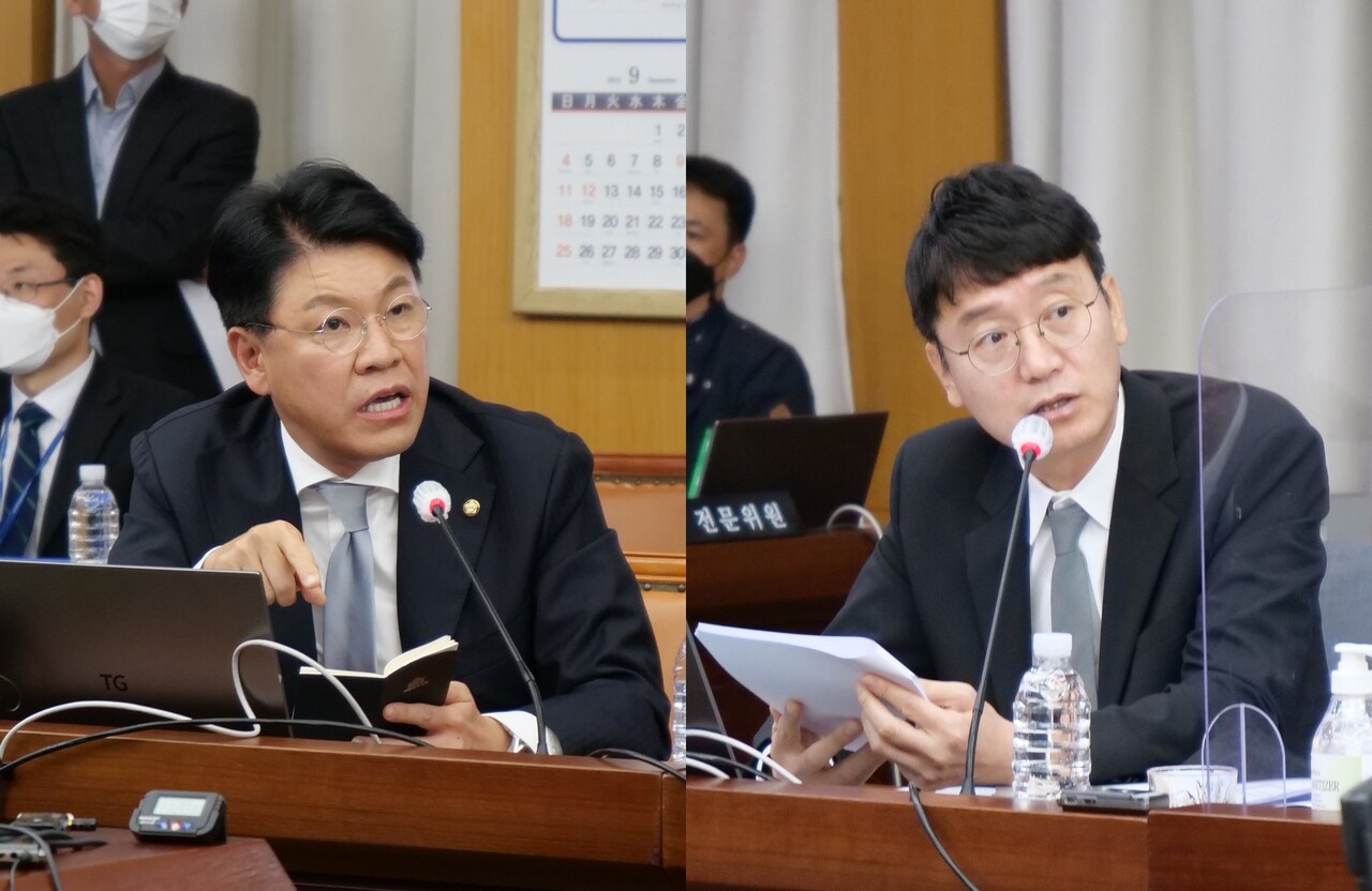 (왼쪽부터) 국민의힘 장제원, 김웅 의원이 이장우 대전시장을 상대로 질의를 하고 있다. 한지혜 기자.