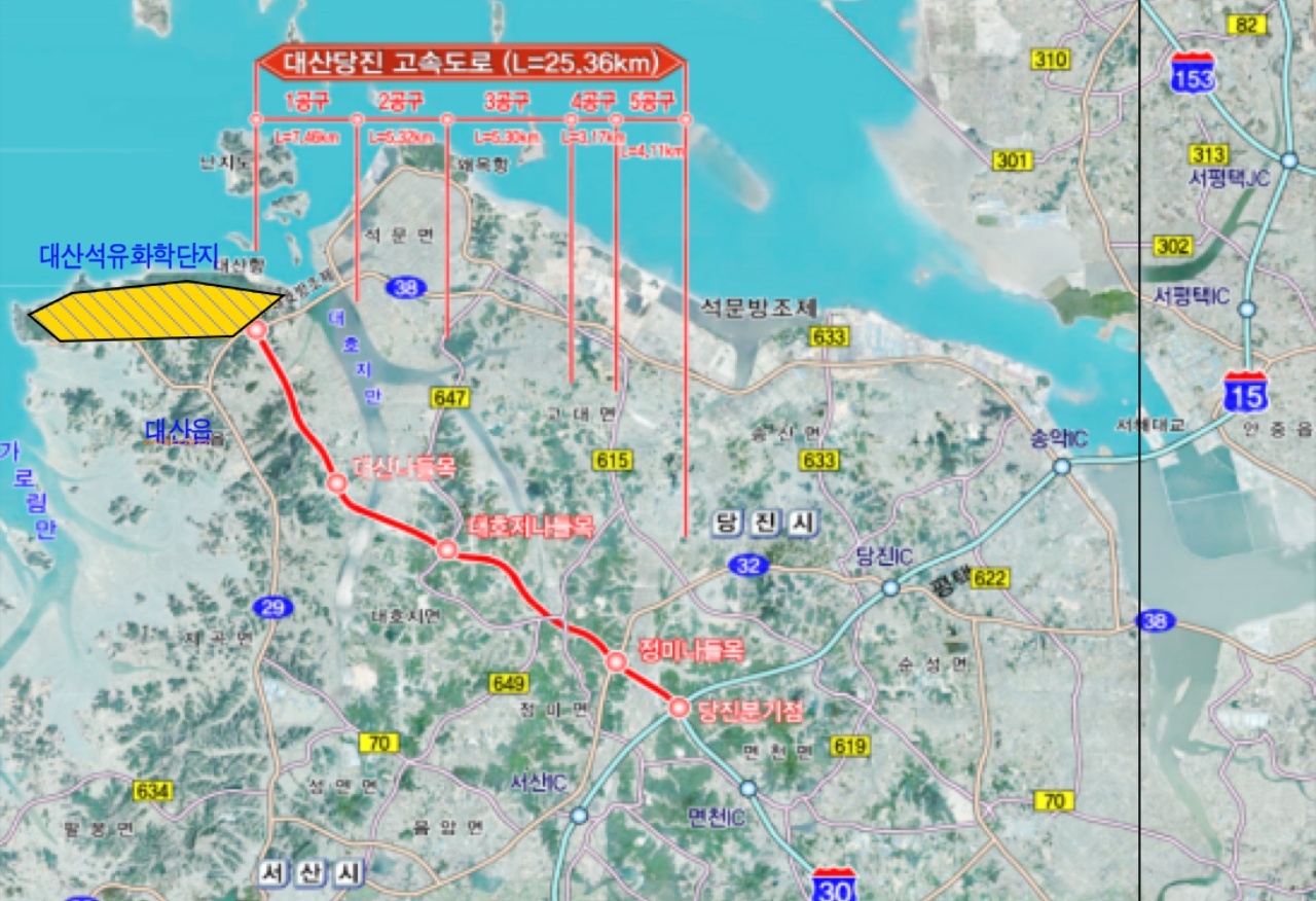 '대산-당진고속도로' 건설 사업이 기획재정부 타당성 재조사를 통과했다. 대산-당진고속도로 위치도. 충남도 제공.