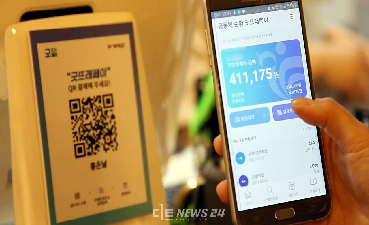 충남 부여군의 자립형 공동체 순환 지역화폐 굿뜨래페이가 행정안전부 주관 ‘2022년 지역사랑상품권 우수사례 평가’에서 대통령상을 수상했다. 굿뜨래페이 결재 모습. 부여군 제공.