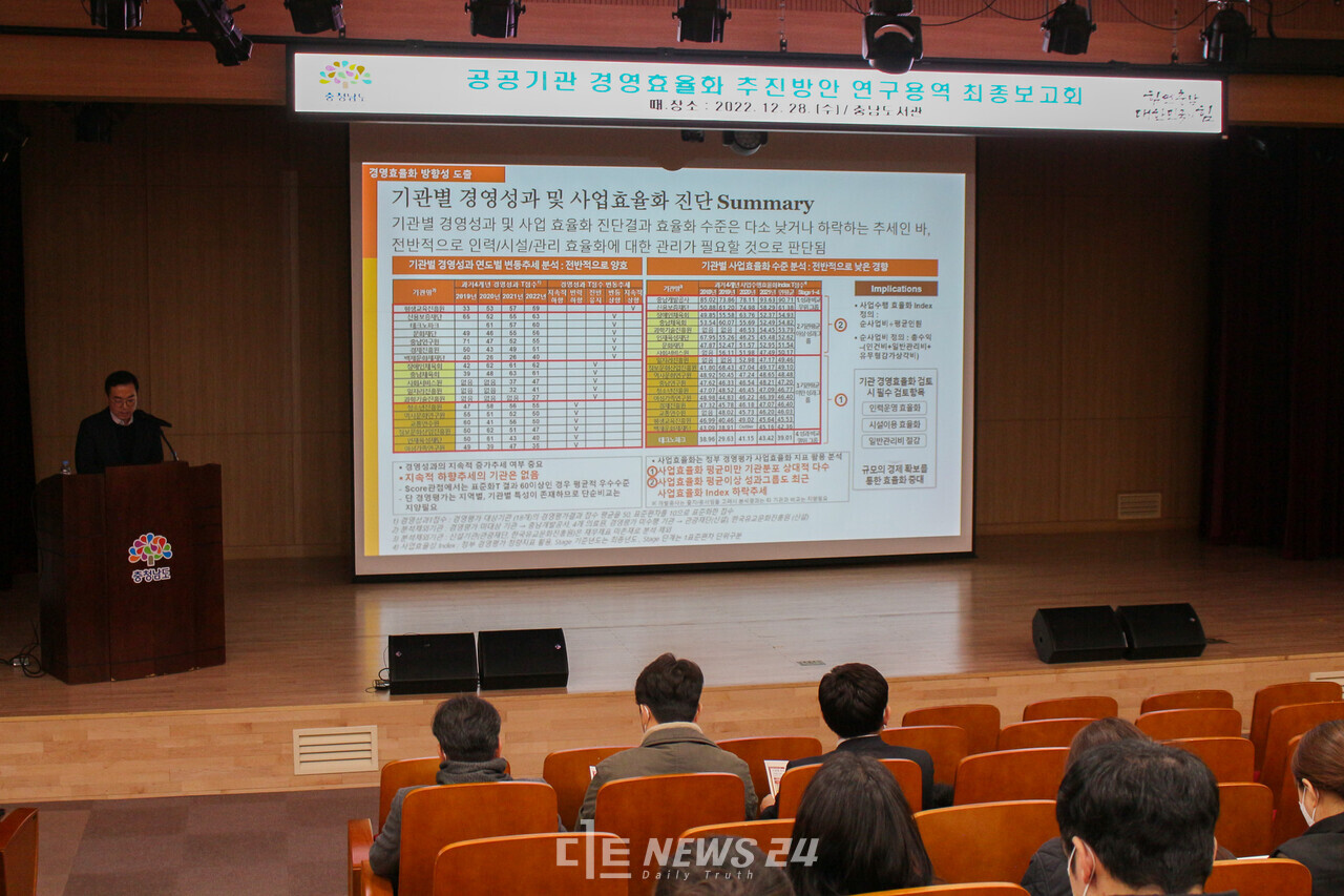 충남도는 28일 충남도서관에서 공공기관 경영효율화 추진방안 연구용역 최종보고회를 개최했다. 황재돈 기자. 
