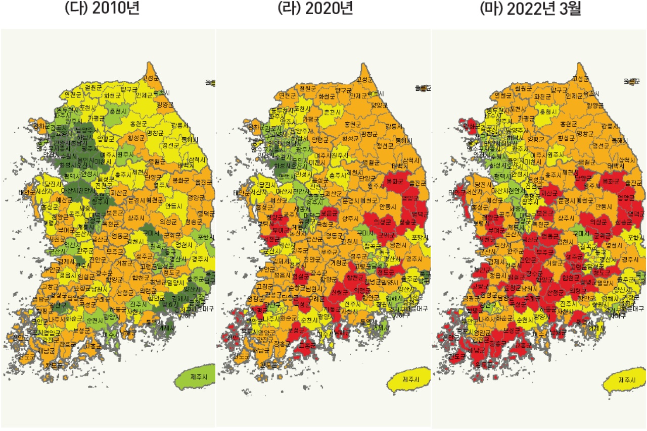한국고용정보원이 발표한 지역별 소멸위험지수 지도.  