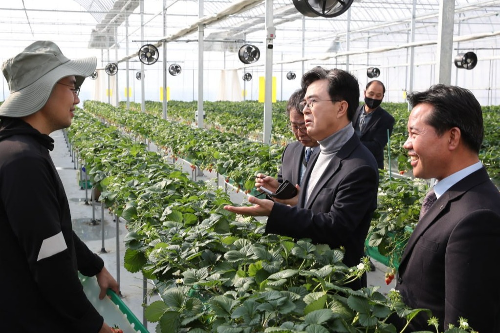 박정현 군수와 김태흠 지사가 청년 농업 현장을 방문했다. 충남도 제공. 