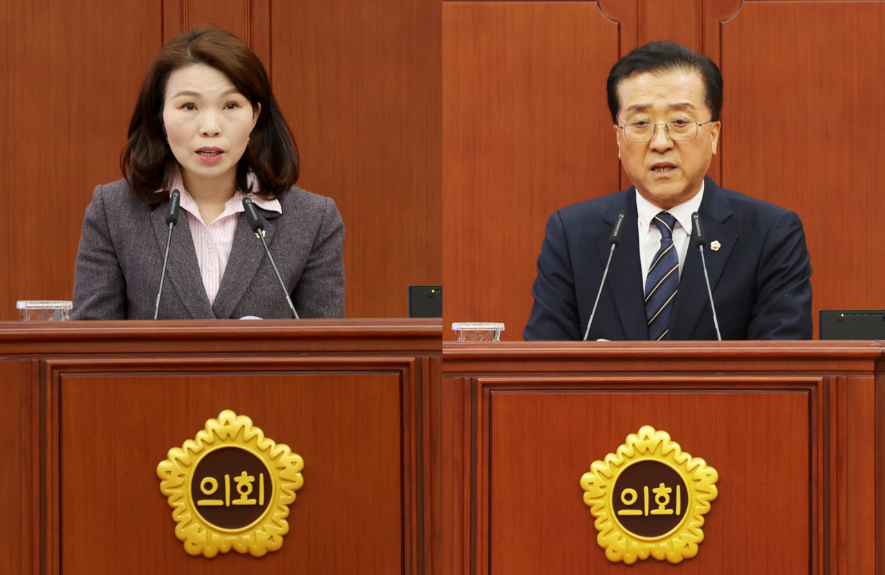 10일 열린 대전시의회 임시회 본회의에서 5분 발언을 하고 있는 이금선(왼쪽), 조원휘(오른쪽) 시의원. 대전시의회 제공.