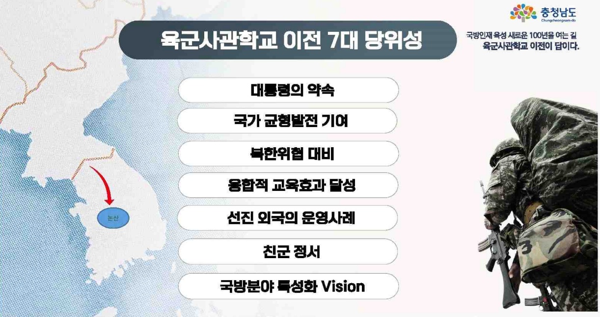 이세영 건양대 교수가 발표한 육군사관학교 이전 7대 당위성. 충남도 제공.