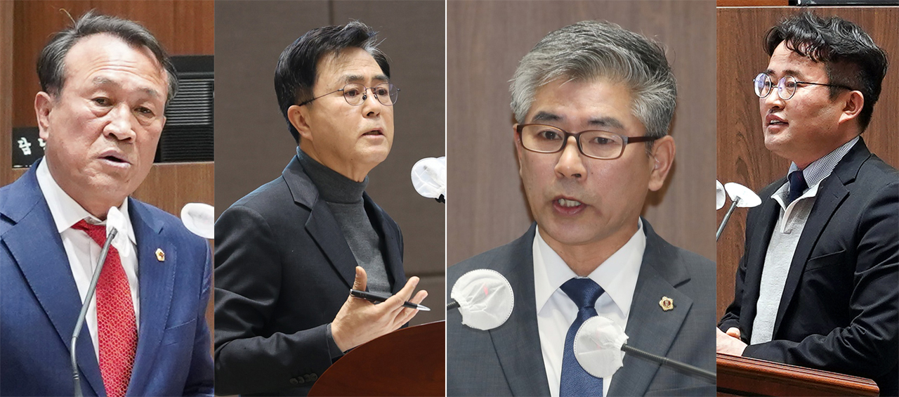 충남도의회에서 21일 아산시 소재 충남도 산하 공공기관 4곳의 이전 문제를 놓고 여야가 치열한 갑론을박을 벌였다. 국민의힘 김응규 원내대표와 김태흠 도지사. 더불어민주당 조철기 원내대표와 안장헌 의원(왼쪽부터). 황재돈 기자.