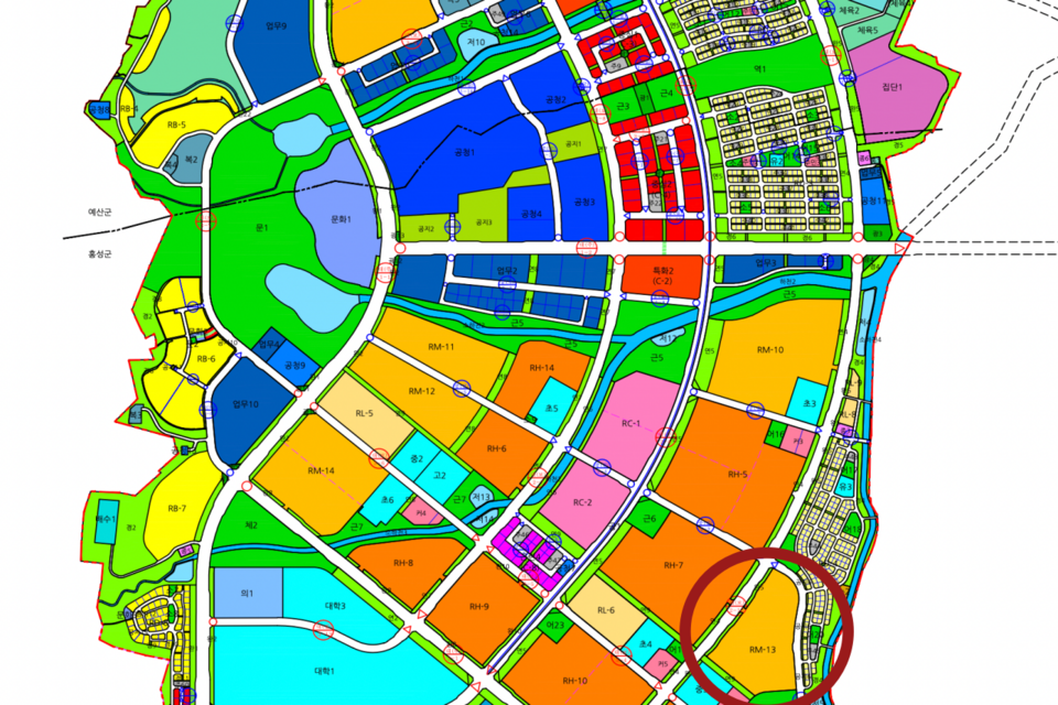 내포신도시 개발계획평면도. 리브투게더 첫 사업지로 선정된 RM-13구역. 충남도 제공.