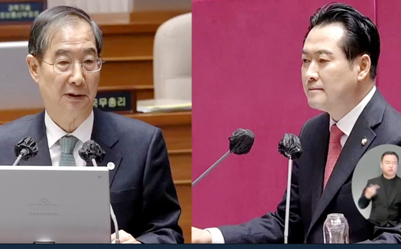 장동혁 국민의힘 국회의원(오른쪽)이 4일 국회 대정부질문에서 한덕수 국무총리에게 석탄발전폐지지역지원특별법 제정 필요성을 제기했다. 국회 인터넷의사중계시스템 갈무리.