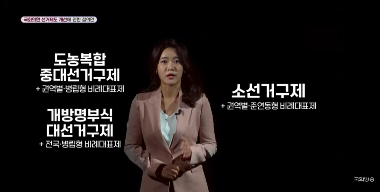 국회 전원위 토론 안건은 ▲도농복합형 중대선거구제+권역별·병립형 비례대표제 ▲개방명부식 대선거구제+전국·병립형 비례대표제 ▲소선거구제+권역별 준연동형 비례대표제 등 3가지 안이다. 국회방송 갈무리.