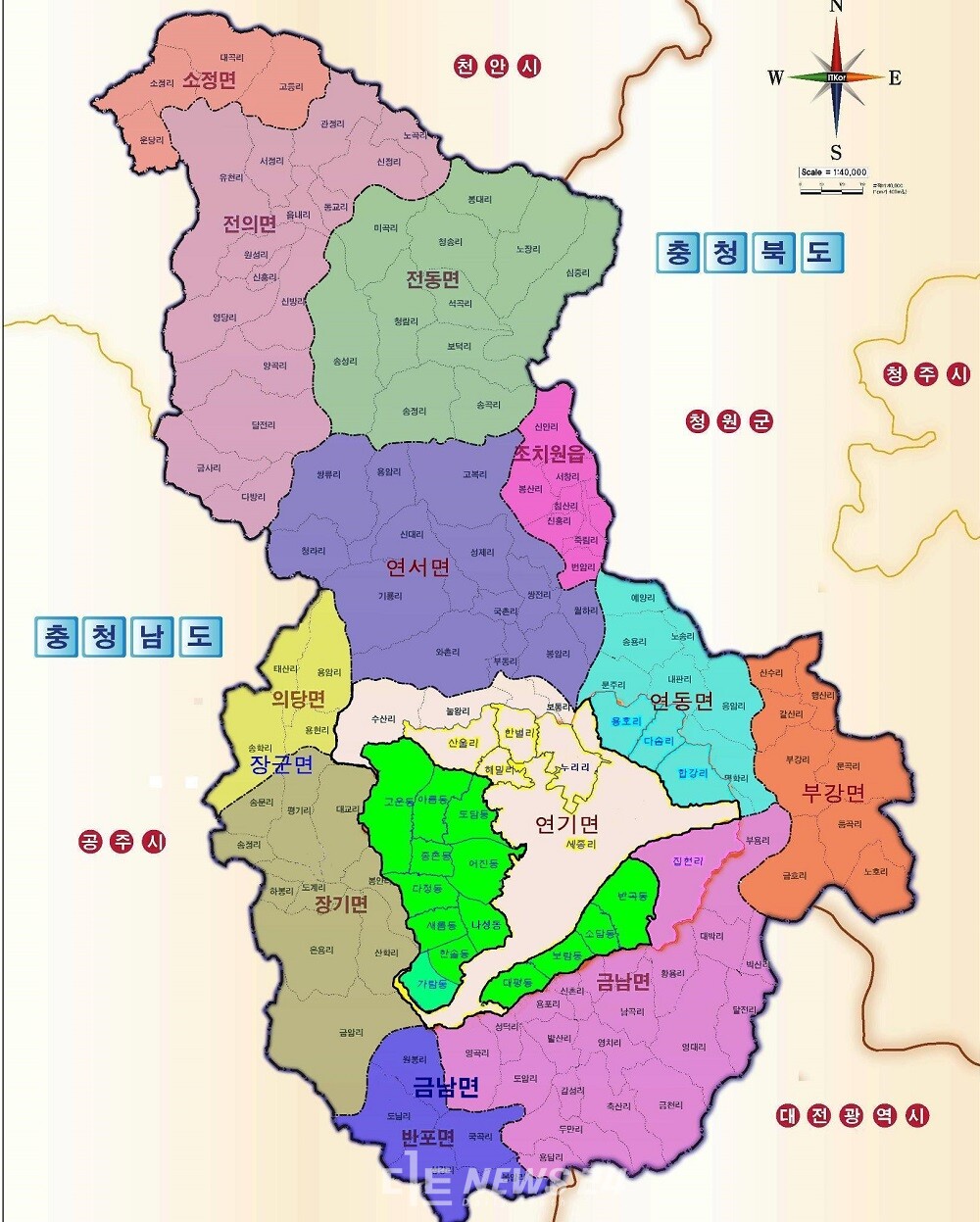 세종시 읍면동 지도. 선거구 획정위는 이 지도를 놓고, 시의원 선거구 획정안을 찾을 예정이다. 세종시 제공. 