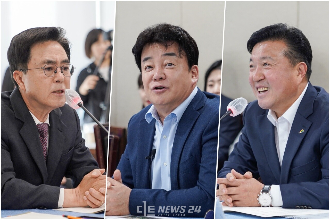 김태흠 충남지사(맨 왼쪽)와 백종원 더본코리아 대표(가운데), 최재구 예산군수가 예산 그린바이오 클러스터 조성에 협력키로 했다. 유솔아 기자. 