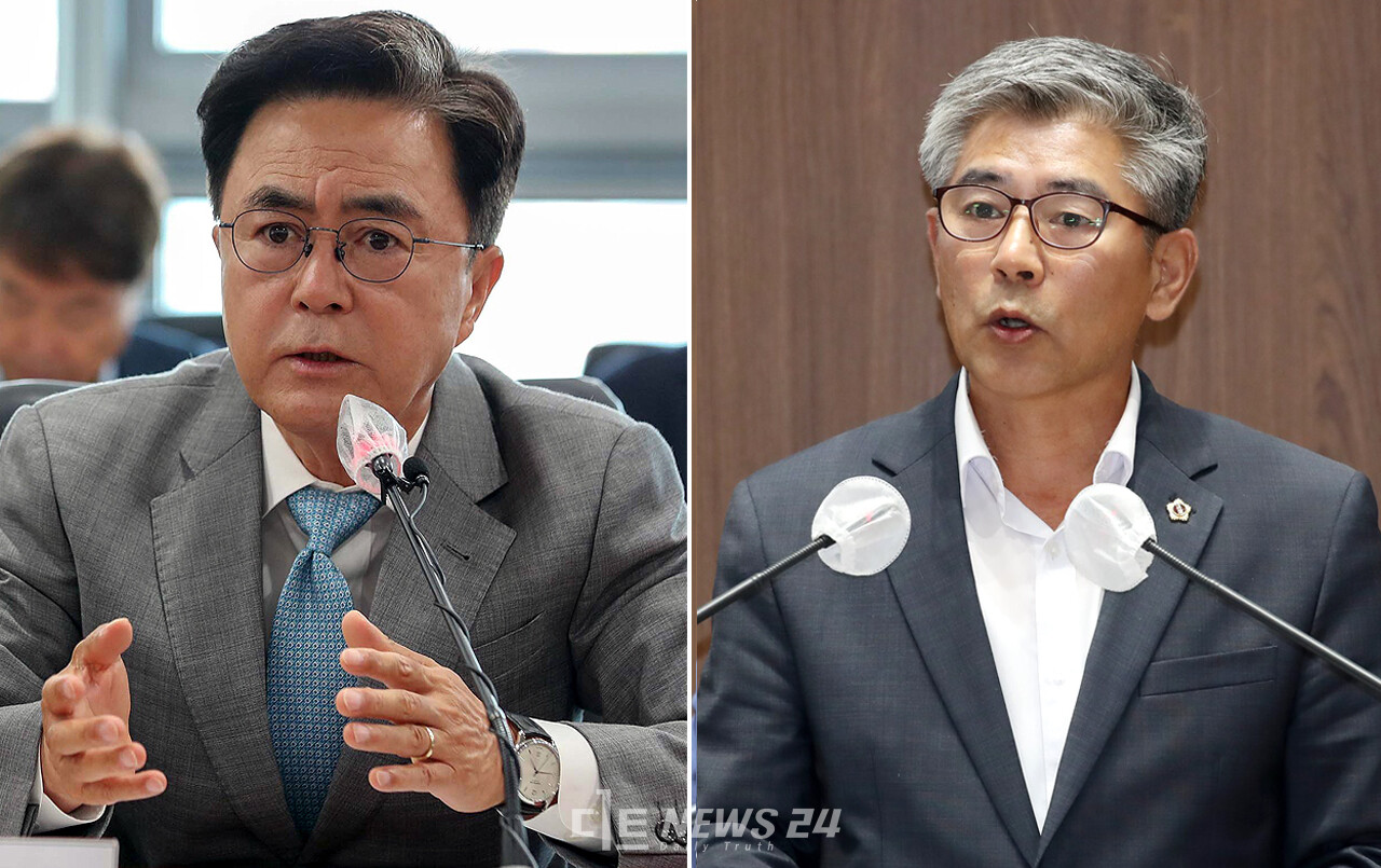 김태흠 충남지사(왼쪽)와 조철기 충남도의원이 12일 각각 다른 입장에서 후쿠시마 원전 오염수 해양투기와 관련 ‘과학적 조사’의 필요성을 강조해 눈길을 끌었다. 자료사진 가공 안성원 기자.