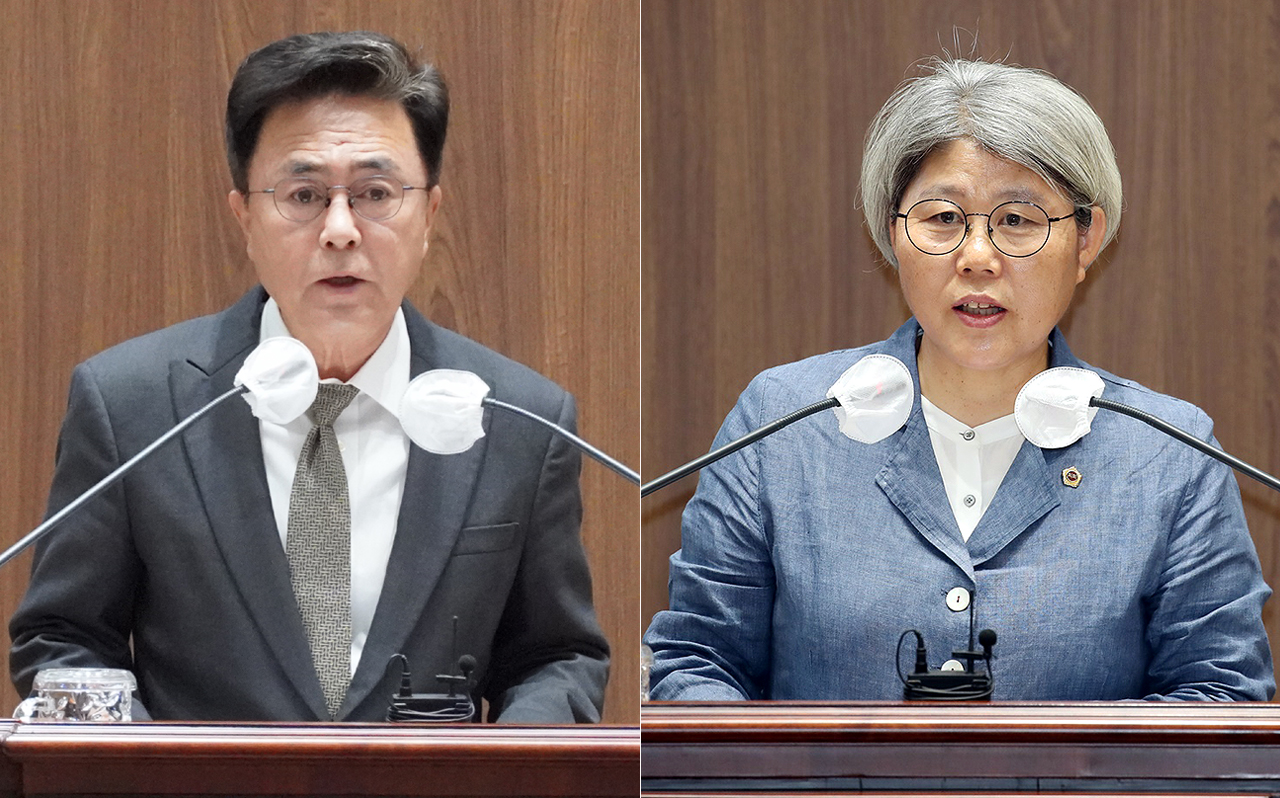 소속 정당이 다른 김태흠 충남지사(왼쪽)와 김명숙 도의원이 14일 충남의 지역소멸 문제에 대한 대책 필요성에 한목소리를 냈다.  