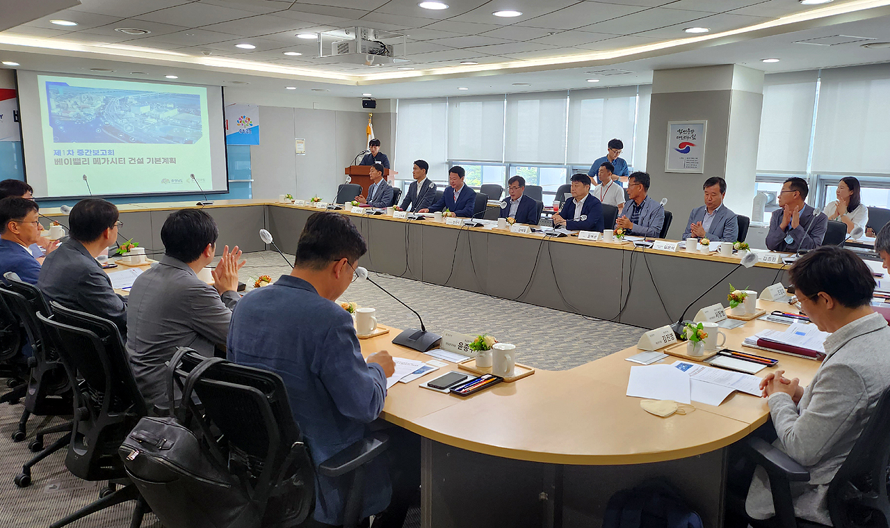 충남도는 20일 도청 소회의실에서 전형식 정무부지사의 주관으로 베이밸리 메가시티 기본계획 수립 연구용역 중간보고회를 열고, 용역 진행 상황을 점검했다. 충남도 제공.