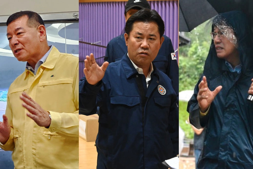 왼쪽부터 최원철 공주시장, 박정현 부여군수, 김돈곤 청양군수. 공주, 부여, 청양 시장·군수는 각 지역 피해지역과 현장상황실을 챙기며 더 이상의 피해를 막기위해 총력을 기울이고 있다. 김다소미 기자. 