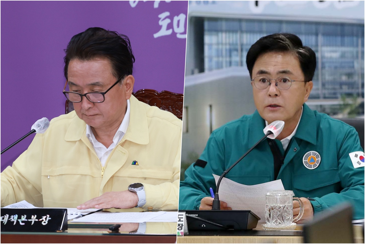 김영환 충북지사와 김태흠 충남지사가 17일 윤석열 대통령에게 집중호우로 큰 피해를 입은 지역에 ‘특별재난지역 선포’를 요청했다. 충북도, 충남도 제공.