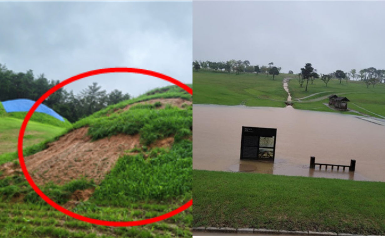 왼쪽부터 부여 왕릉원 봉분이 쓸린 모습, 미륵사지 군창지가 침수된 모습. 부여군, 문화재청 제공.