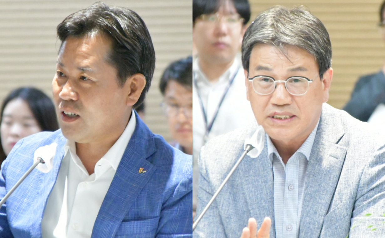 왼쪽부터 박정현 부여군수, 김돈곤 청양군수. 김다소미 기자.