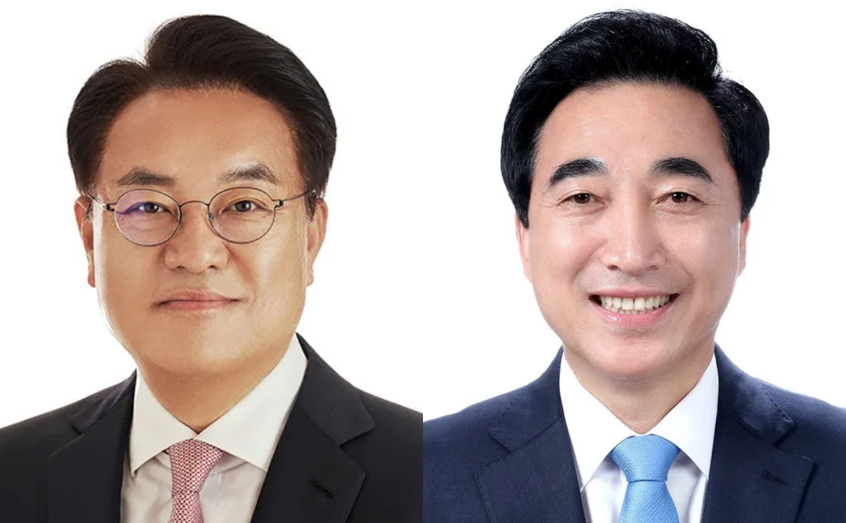 정진석 국민의힘 국회의원(왼쪽)과 박수현 전 청와대 국민소통 수석이 공주시 현안사업인 '제2금강교'와 관련해 상반된 입장을 나타냈다.  