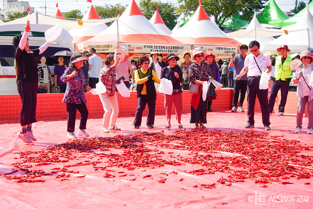참가비 천 원으로 정해진 시간 내 고추를 담는 ‘천원의 행복, 고추를 담아라' 행사 모습. 정은진 기자