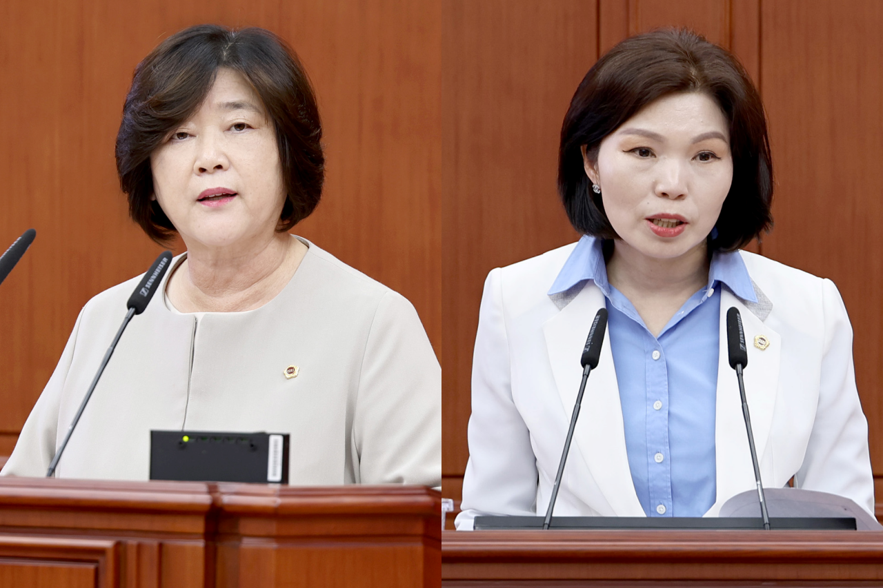 대전시의회 복지환경위원회가 14일 제3차 회의를 열고 ‘대전시 환경교육센터 민간위탁(재위탁) 동의안’을 원안 가결했다. 사진 왼쪽부터 안경자, 이금선 의원. 두 의원은 논의 과정에서 집행부를 향해 '국비 확보 노력'을 거듭 당부했다. 대전시의회 제공.