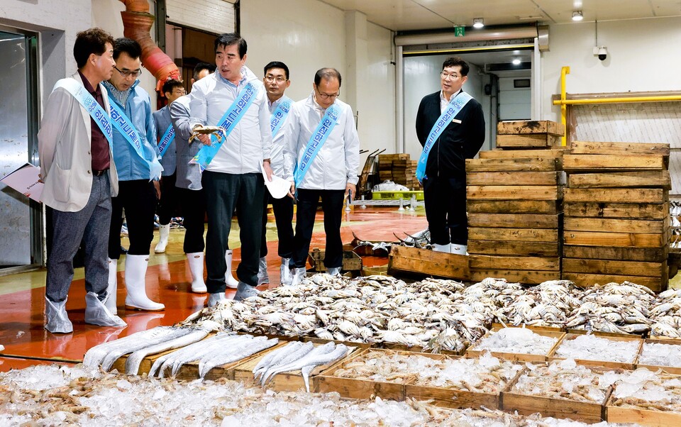 김동일 보령시장(가운데)이 14일 보령수협선어위판장을 방문해 수산물 안전관리에 만전을 기했다. 보령시 제공.
