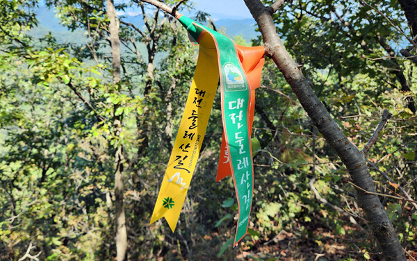 만인산 부근 등산로에 걸려 있는 대전둘레산길 구간 안내 리본.