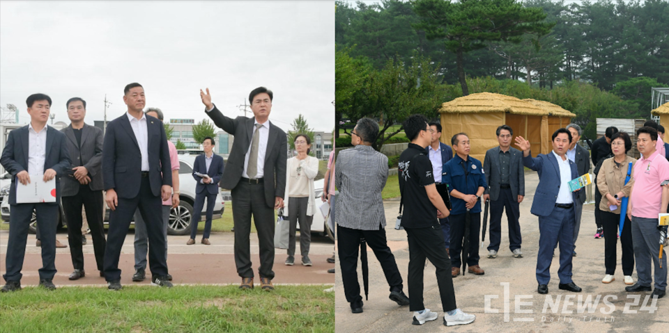 (왼쪽부터) 대백제전 행사장 긴급 점검에 나선 김태흠 충남지사와 최원철 공주시장. 박정현 부여군수. 공주시, 부여군 제공