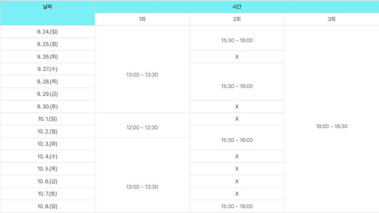 사비성 수문장 교대식 관람 가능 시간대와 일정. 부여군 제공. 