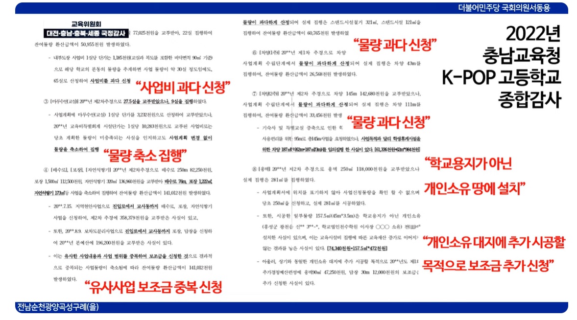 서 의원이 국감장에서 공개한 천수학원재단의 비위 사실 관련 자료. 국회 교육위원회 생방송 갈무리.