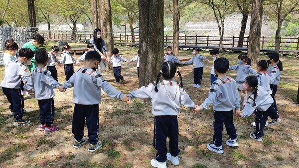 지역 아동들이 대덕구 유아숲체험 프로그램 ‘꼬맹이 생태교실’에 참여하고 있다.