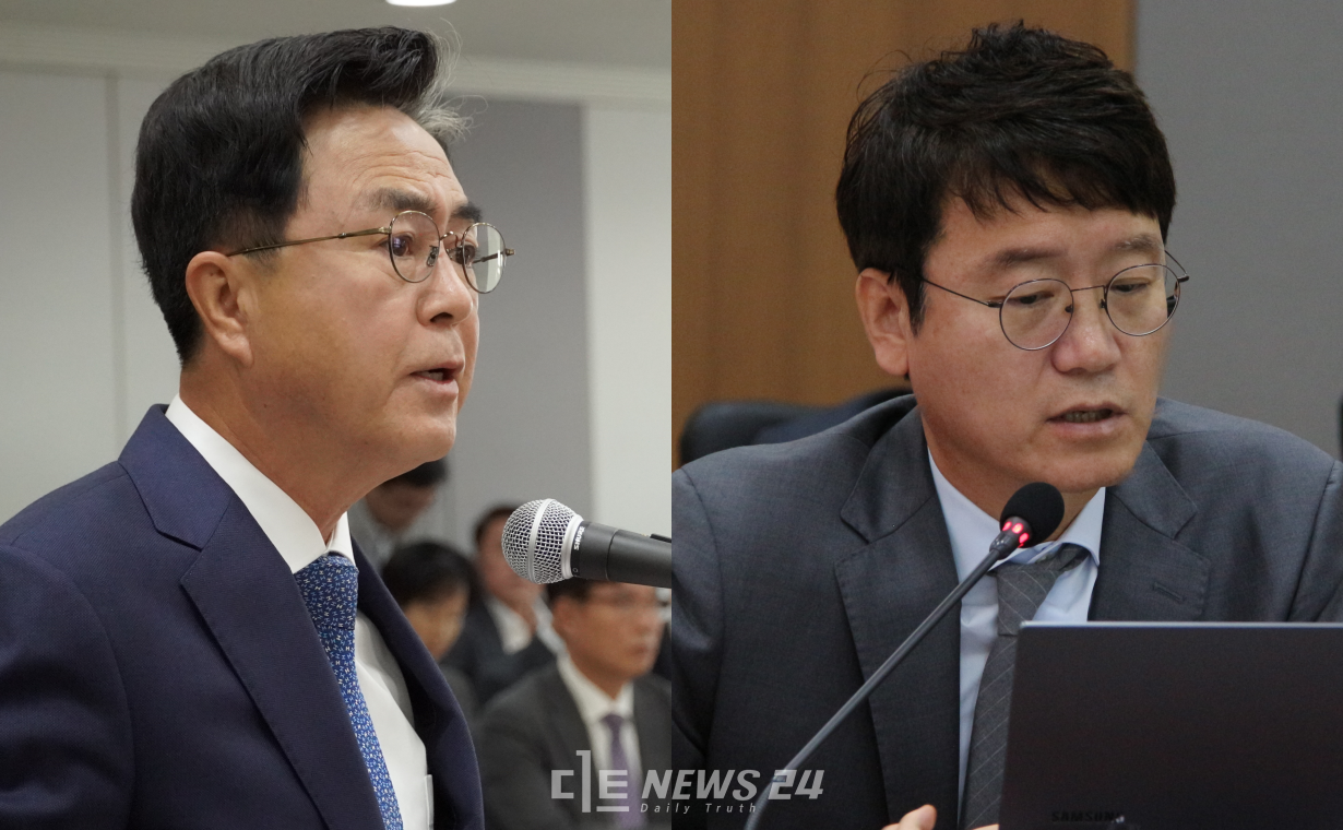 양승조 전 충남지사의 '코드인사'가 23일 열린 충남도 국감장에서 도마위에 올랐다. 김태흠 지사는 당시 도정철학을 공유한다며 임명된 기관장들이 현재도 재직중임을 밝히며 "맞지 않다"고 강조했다. 왼쪽부터 김태흠 지사, 김웅 의원. 김다소미 기자.