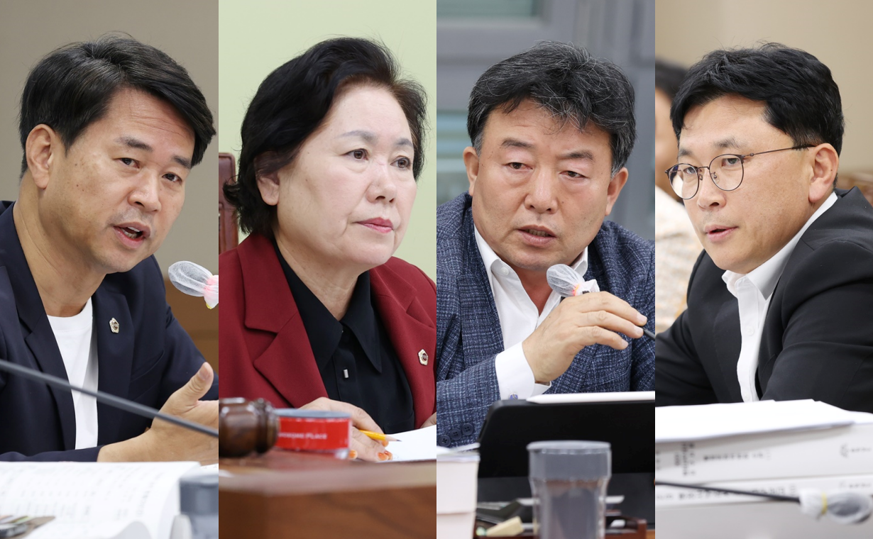 충남도의회 행정문화위원회가 충남도체육회를 상대로 한 행정사무감사를 조기 중단했다. 왼쪽부터 이상근, 김옥수, 오인환, 최광희 의원. 도의회 제공.
